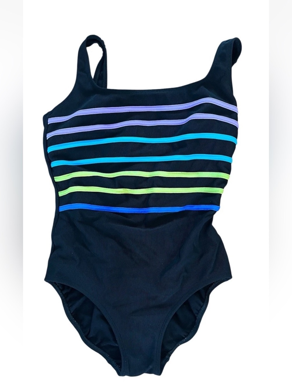 Longitude 90s Vintage Black Colorful Stripes One Piece Swim Suit Sz 14